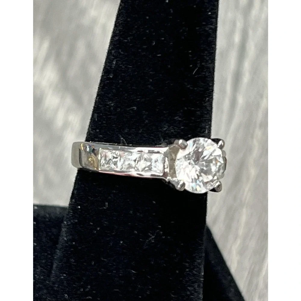 Silver Tone CZ Engagement Ring‎ Round Solitaire Channel Set Band Womens Wedding